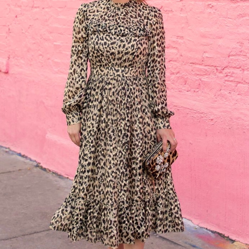🐆 Like New Kate Spade Leopard-Print Clipped Dot Midi Dress 🐆